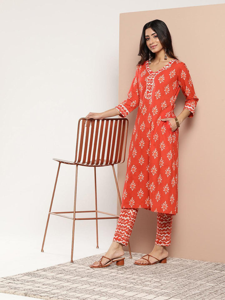 Orange Printed Cotton A-Line Kurta