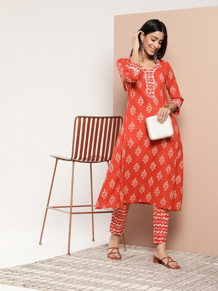 Orange Printed Cotton A-Line Kurta
