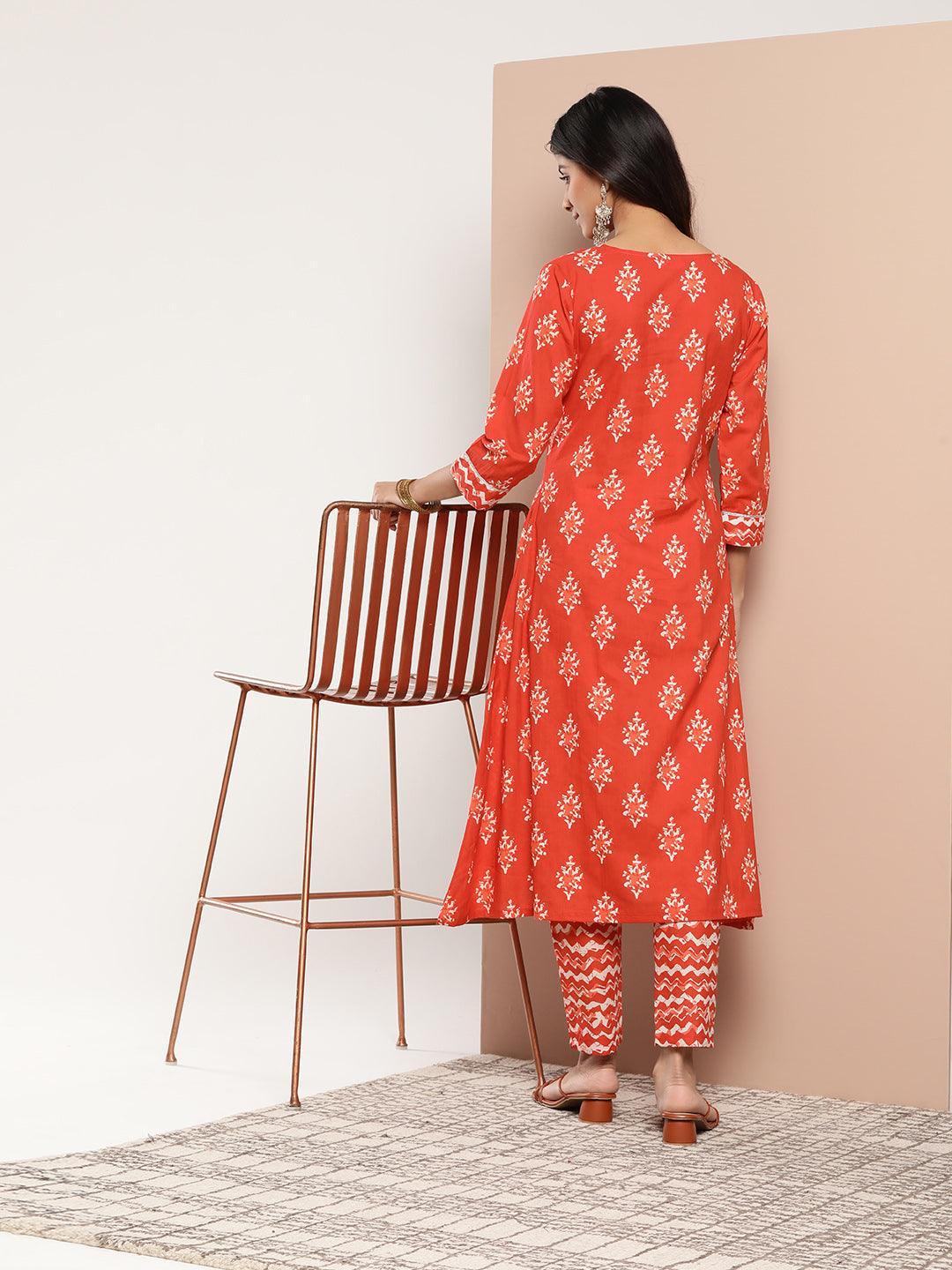 Orange Printed Cotton A-Line Kurta - ShopLibas