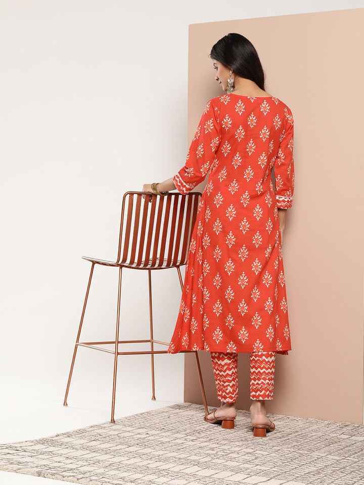 Orange Printed Cotton A-Line Kurta