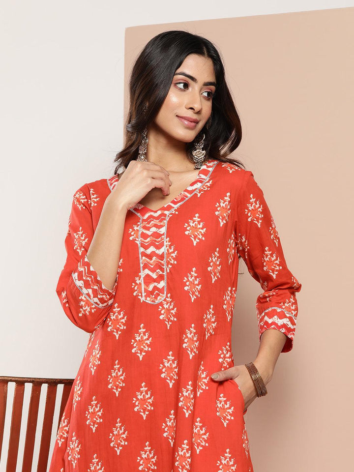 Orange Printed Cotton A-Line Kurta
