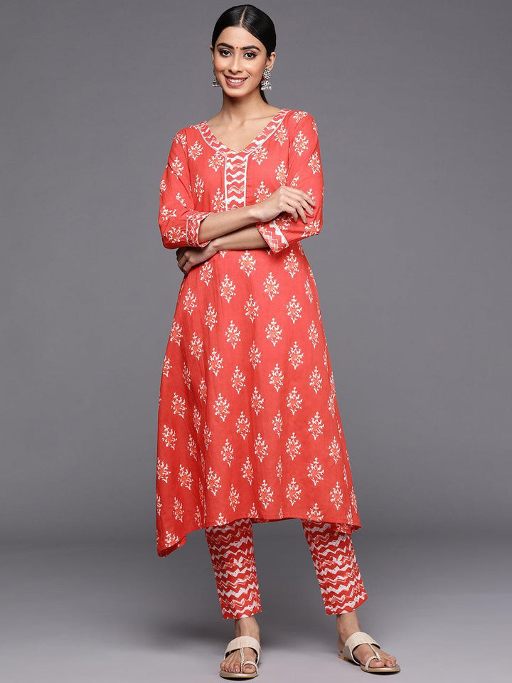 Orange Printed Cotton A-Line Kurta Set With Trousers