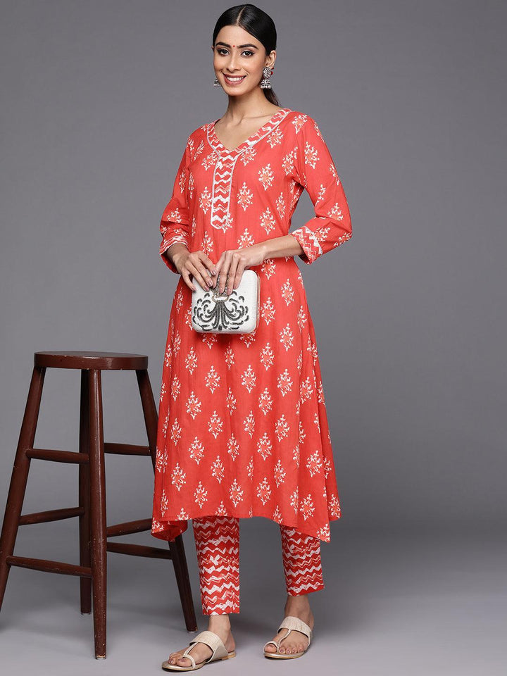 Orange Printed Cotton A-Line Kurta Set With Trousers