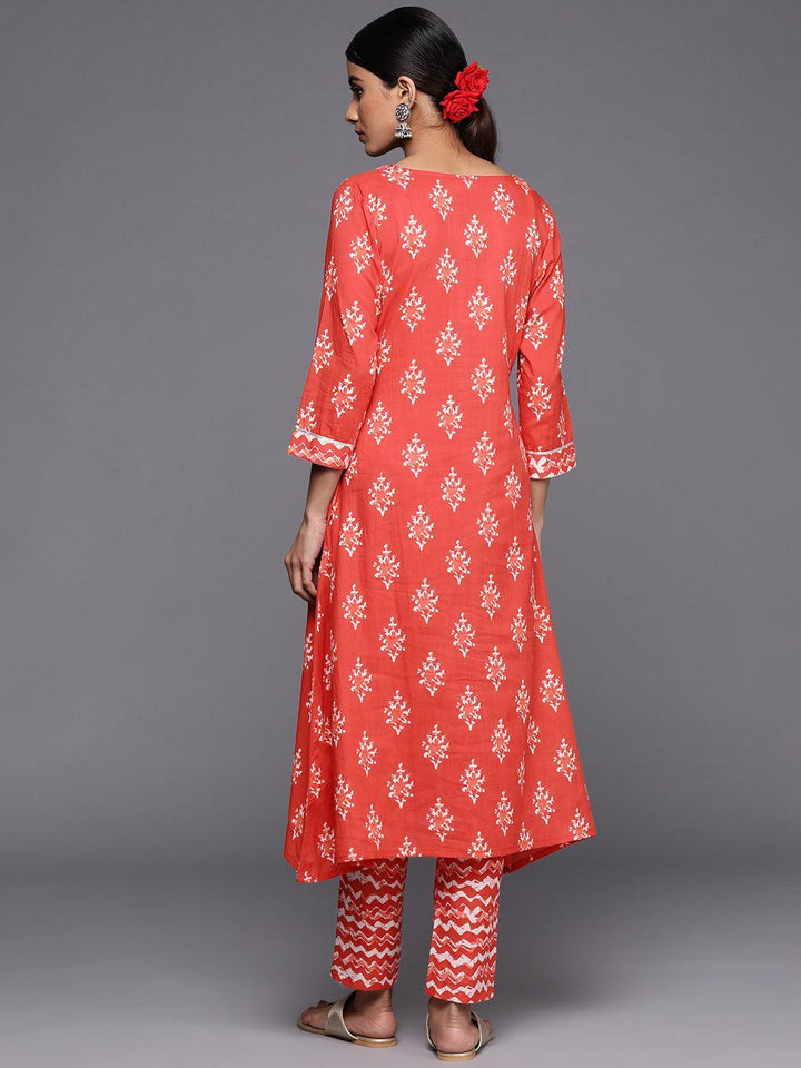 Orange Printed Cotton A-Line Kurta Set With Trousers