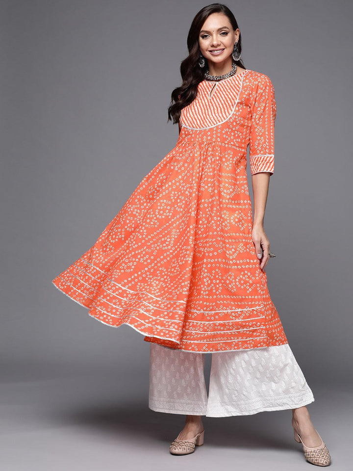 Orange Printed Cotton Anarkali Kurta