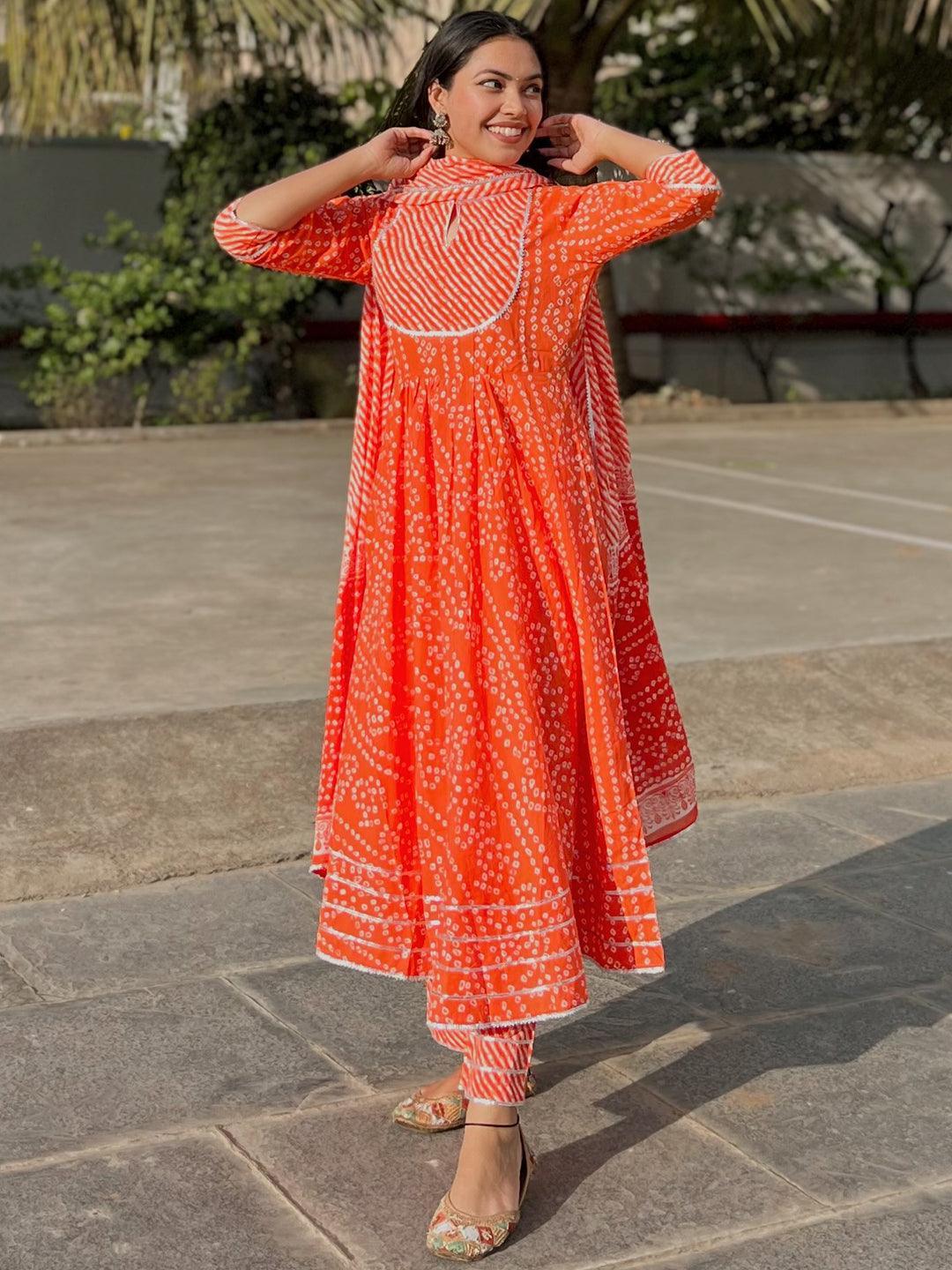 Orange Printed Cotton Anarkali Suit Set - ShopLibas