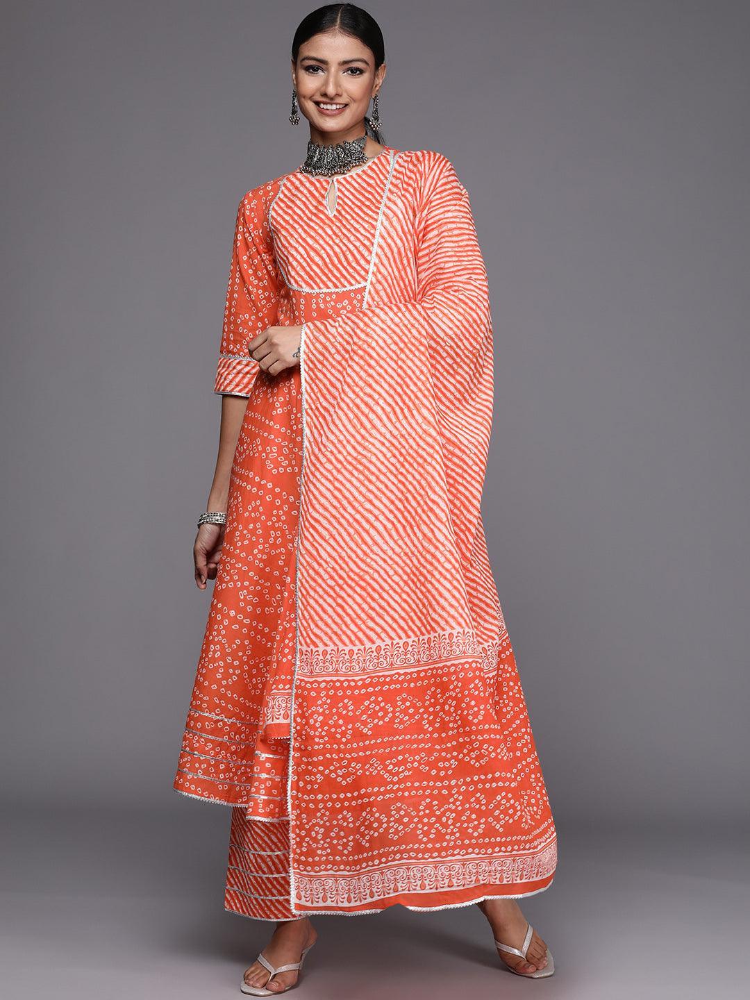 Orange Printed Cotton Anarkali Suit Set - ShopLibas