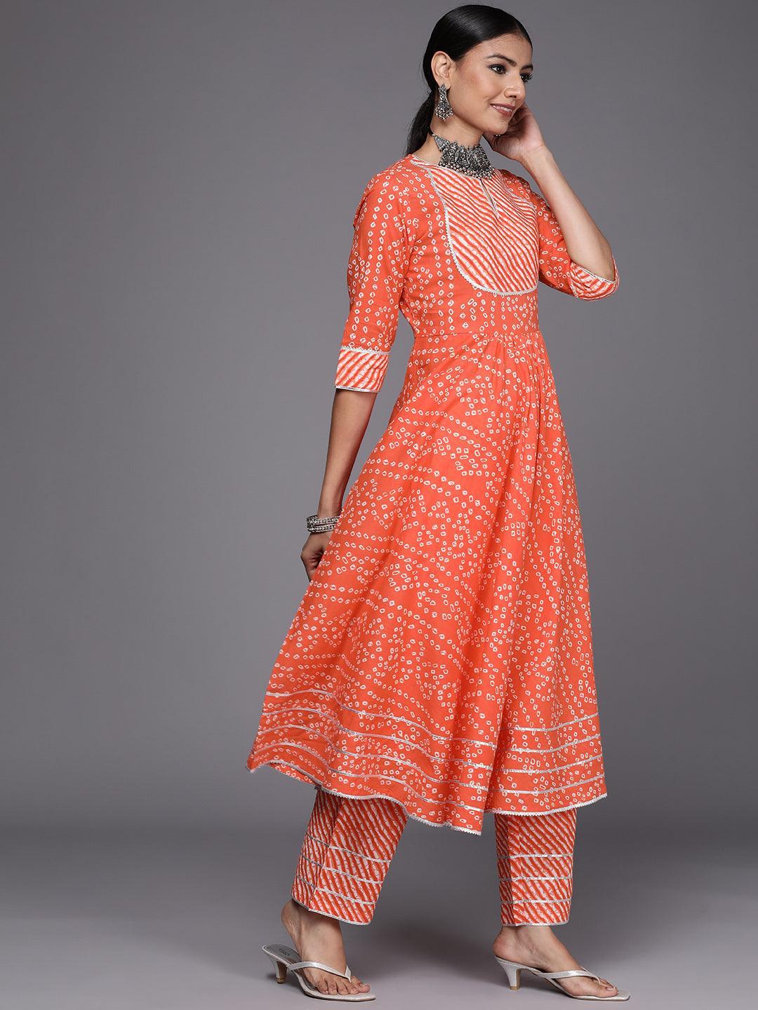 Orange Printed Cotton Anarkali Suit Set - ShopLibas
