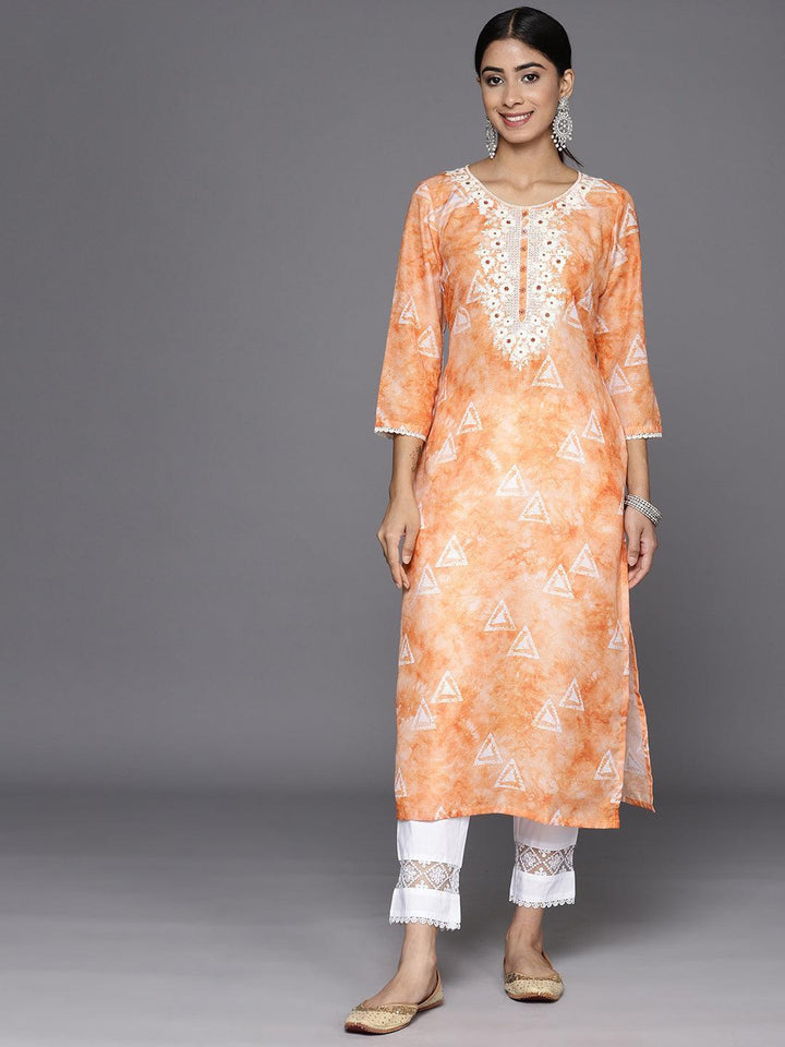 Orange Printed Cotton Straight Kurta