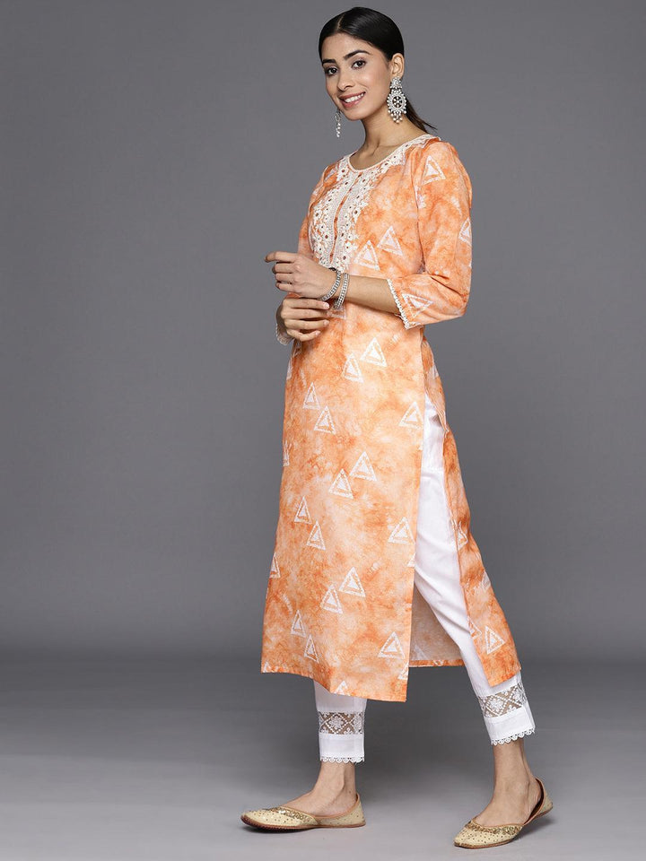Orange Printed Cotton Straight Kurta
