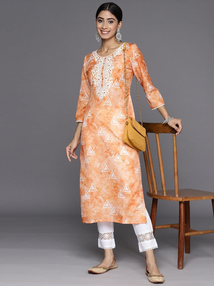 Orange Printed Cotton Straight Kurta