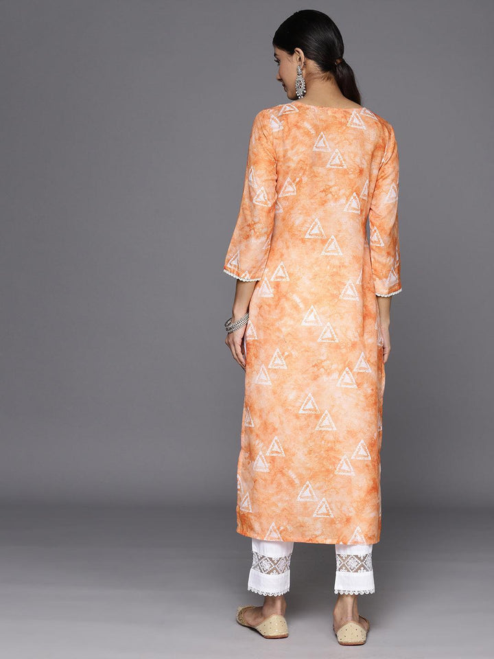 Orange Printed Cotton Straight Kurta