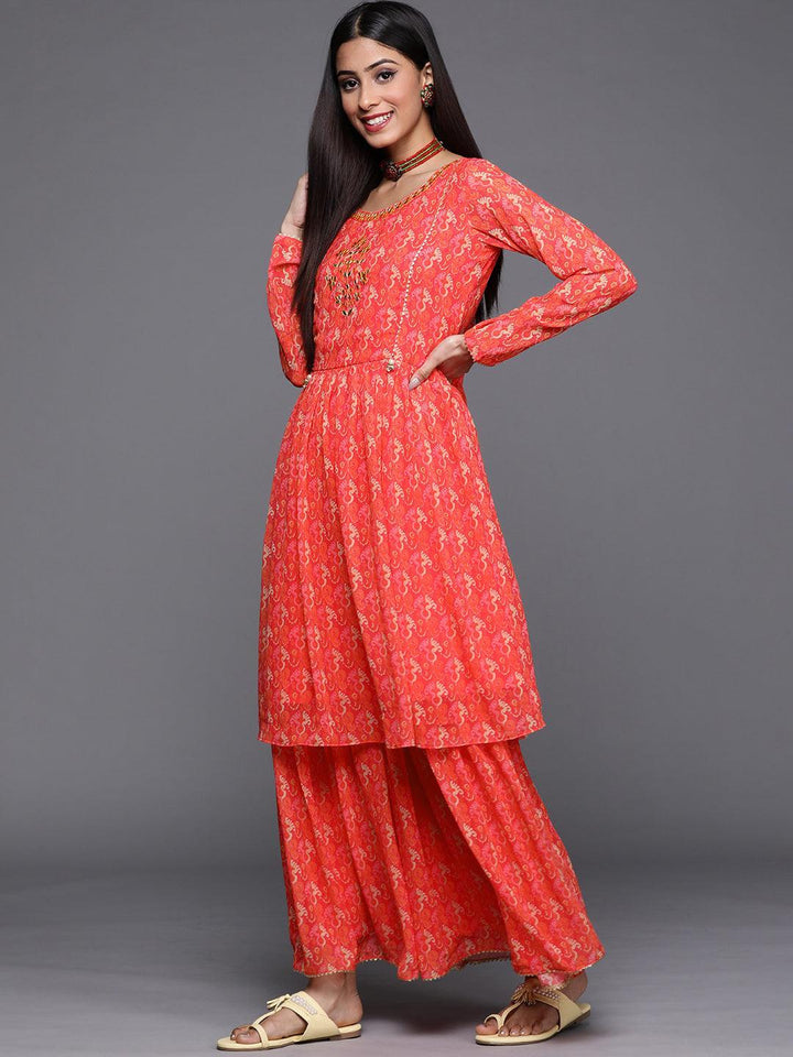 Orange Printed Georgette Suit Set