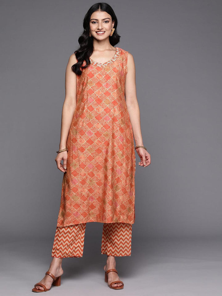 Orange Printed Silk Blend Straight Kurta Set With Trousers