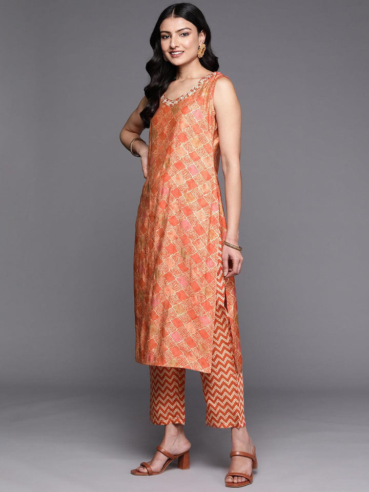 Orange Printed Silk Blend Straight Kurta Set With Trousers