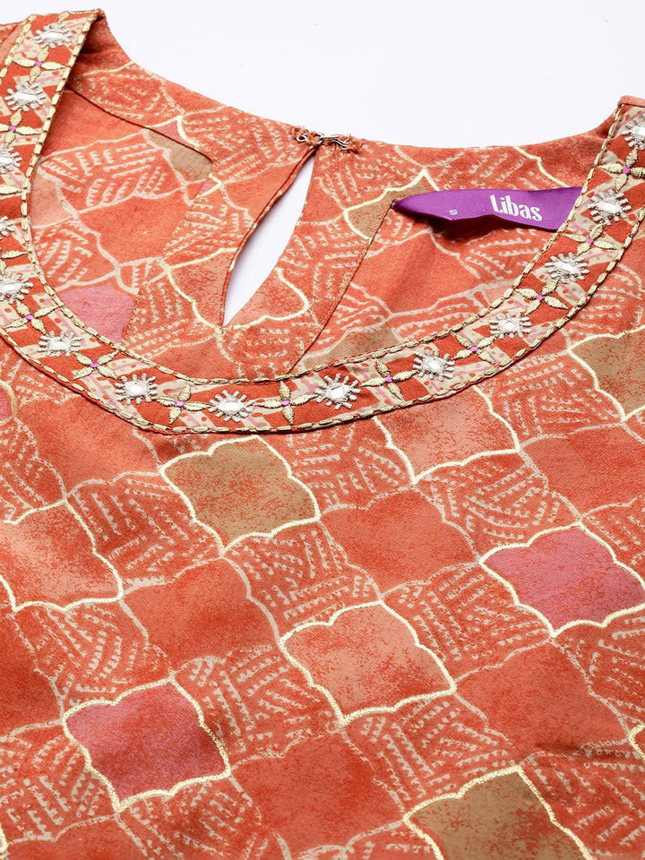 Orange Printed Silk Blend Straight Kurta Set With Trousers