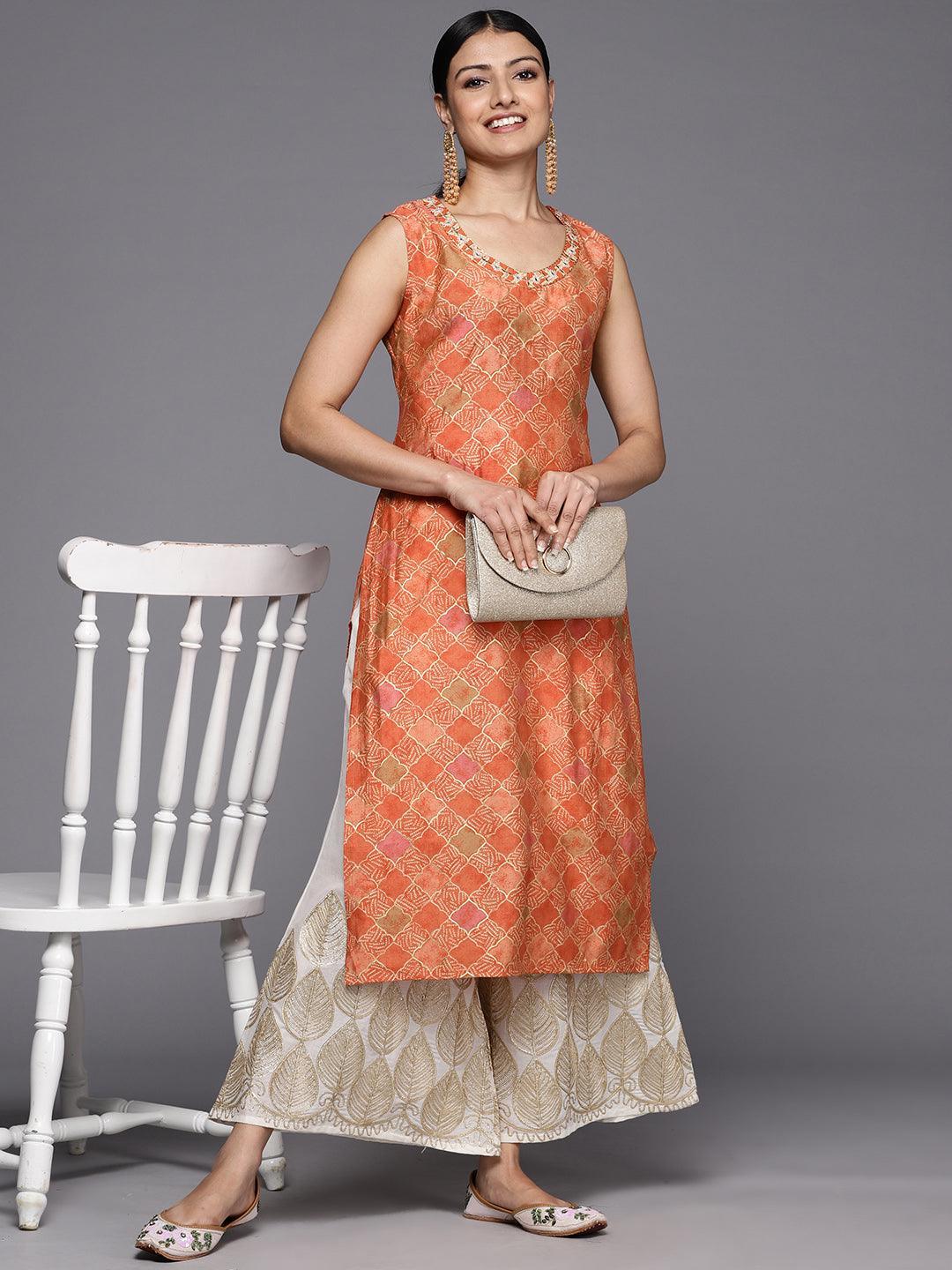 Orange Printed Silk Straight Kurta - ShopLibas