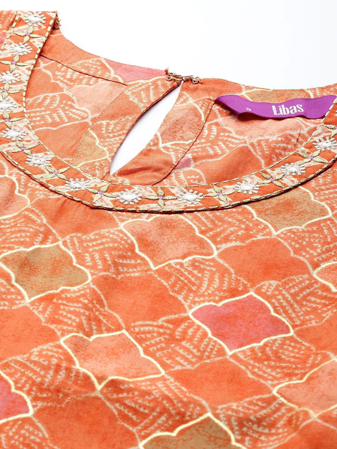 Orange Printed Silk Straight Kurta - ShopLibas