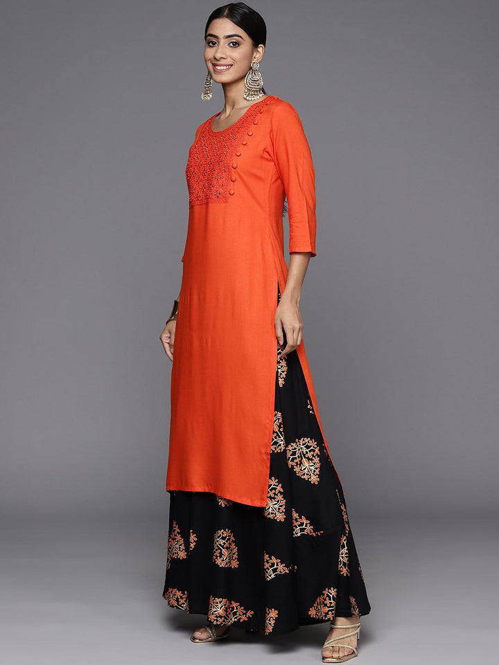 Orange Yoke Design Rayon Straight Kurta With Skirt & Dupatta
