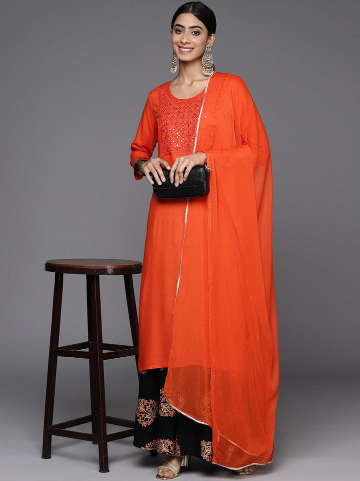 Orange Yoke Design Rayon Straight Kurta With Skirt & Dupatta
