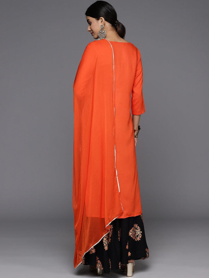 Orange Yoke Design Rayon Straight Kurta With Skirt & Dupatta