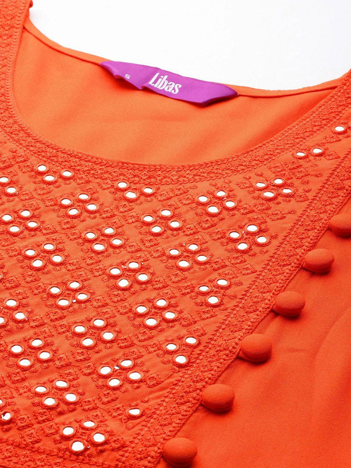 Orange Yoke Design Rayon Straight Kurta With Skirt & Dupatta