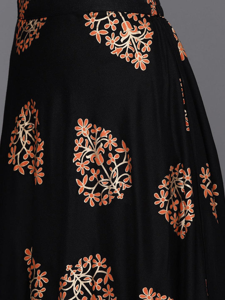 Orange Yoke Design Rayon Straight Kurta With Skirt & Dupatta