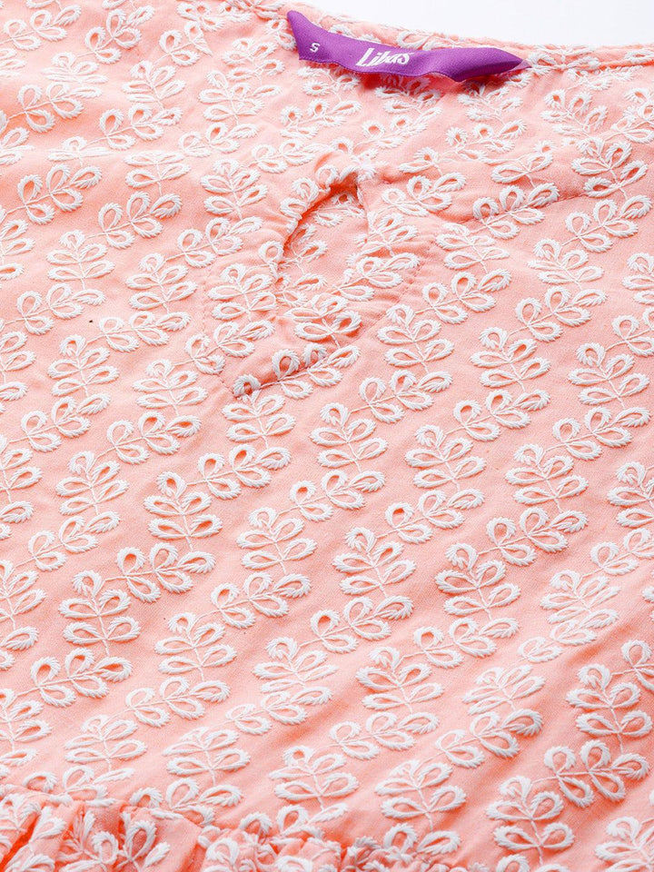 Peach Embroidered Cotton Fit and Flare Dress
