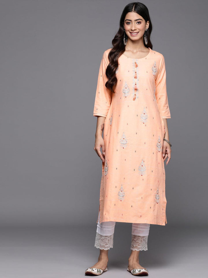 Peach Embroidered Cotton Straight Kurta