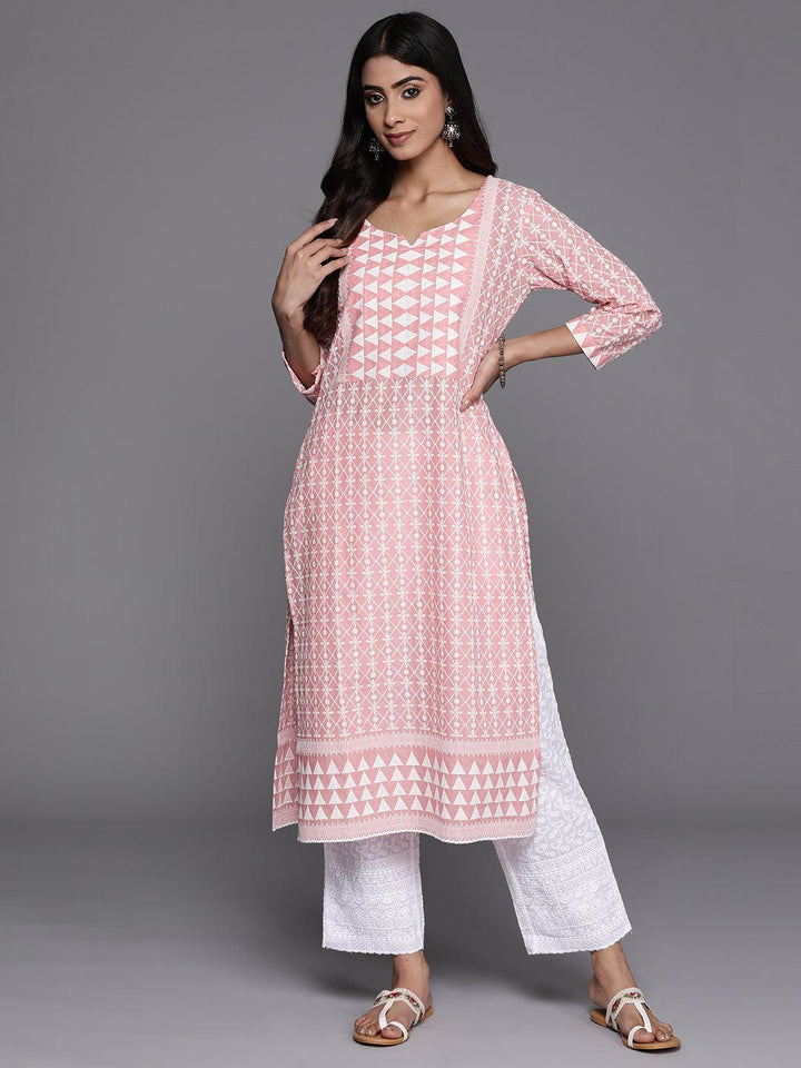 Peach Embroidered Cotton Straight Kurta