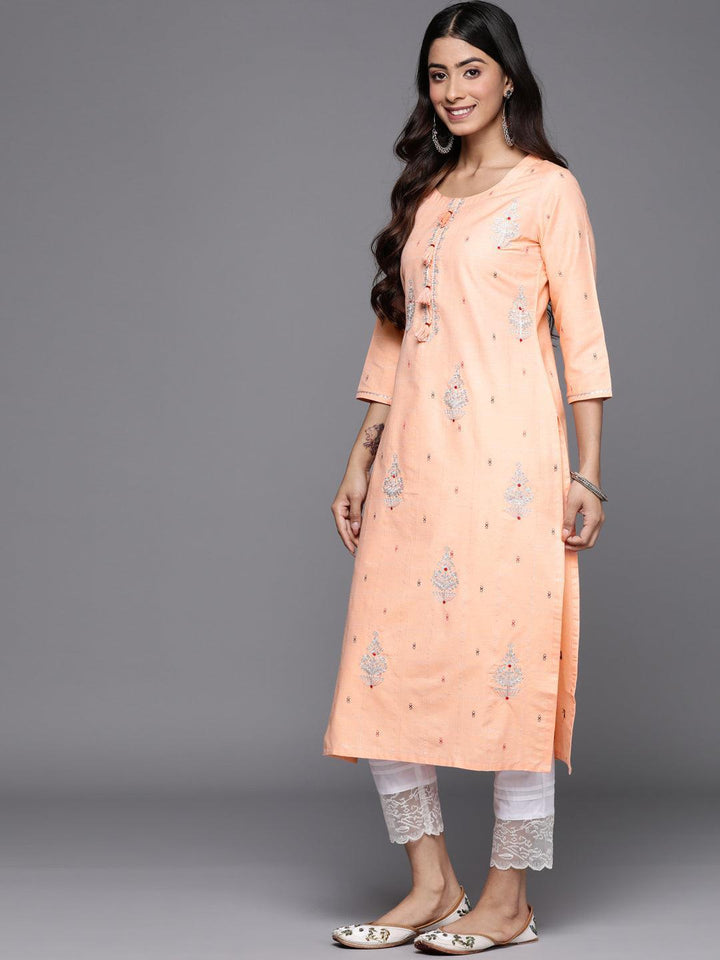 Peach Embroidered Cotton Straight Kurta