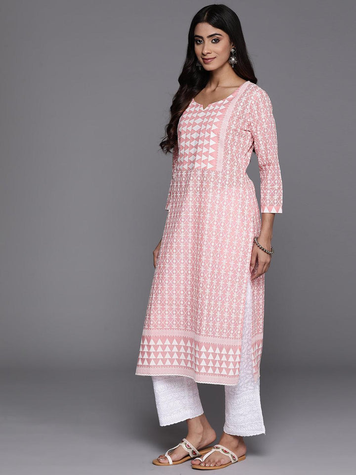 Peach Embroidered Cotton Straight Kurta