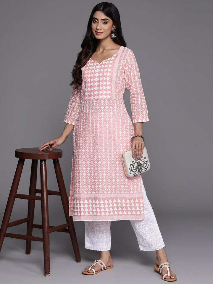 Peach Embroidered Cotton Straight Kurta