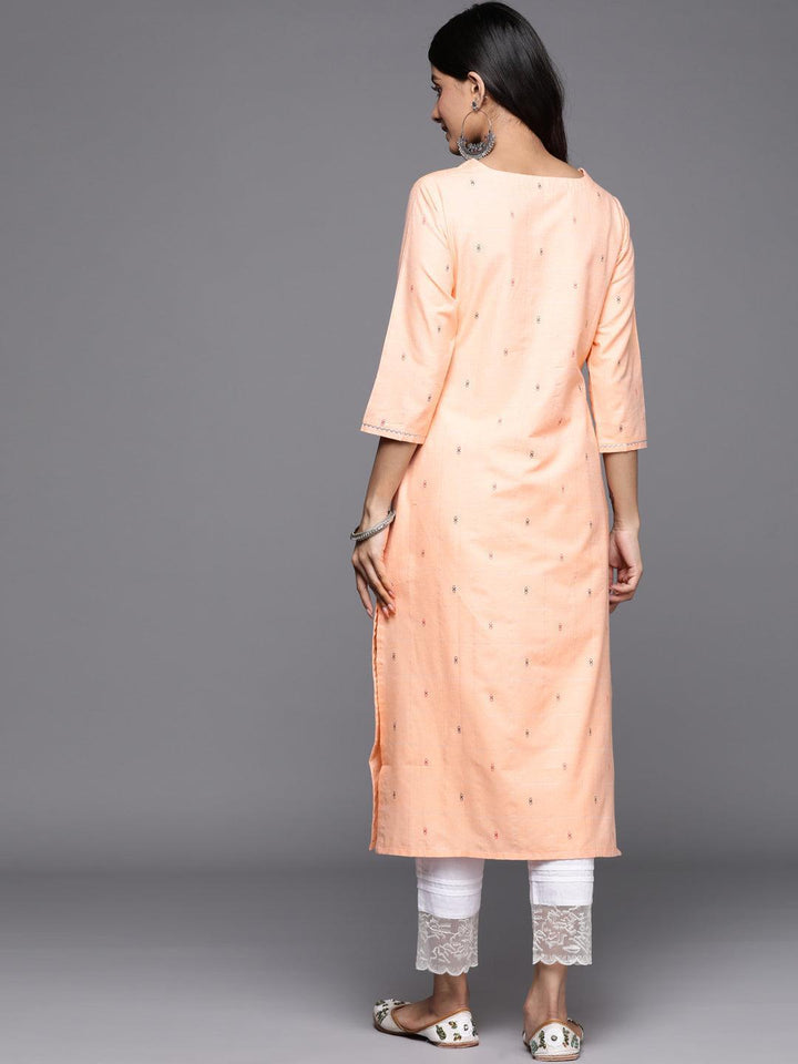 Peach Embroidered Cotton Straight Kurta