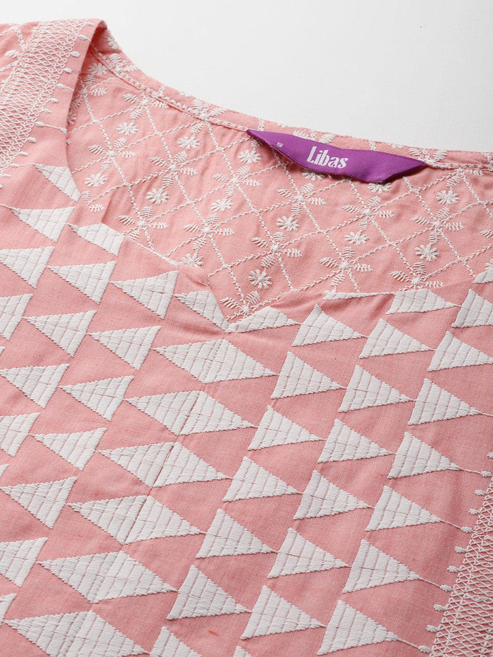 Peach Embroidered Cotton Straight Kurta