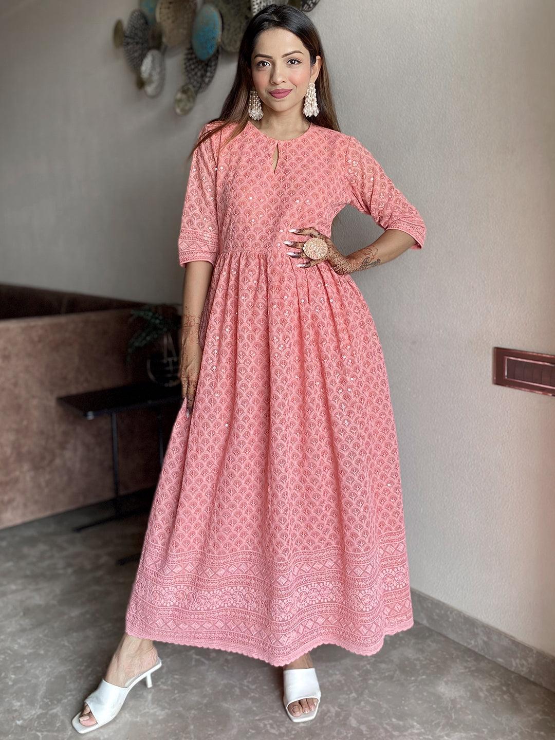 Peach Embroidered Georgette Dress - ShopLibas