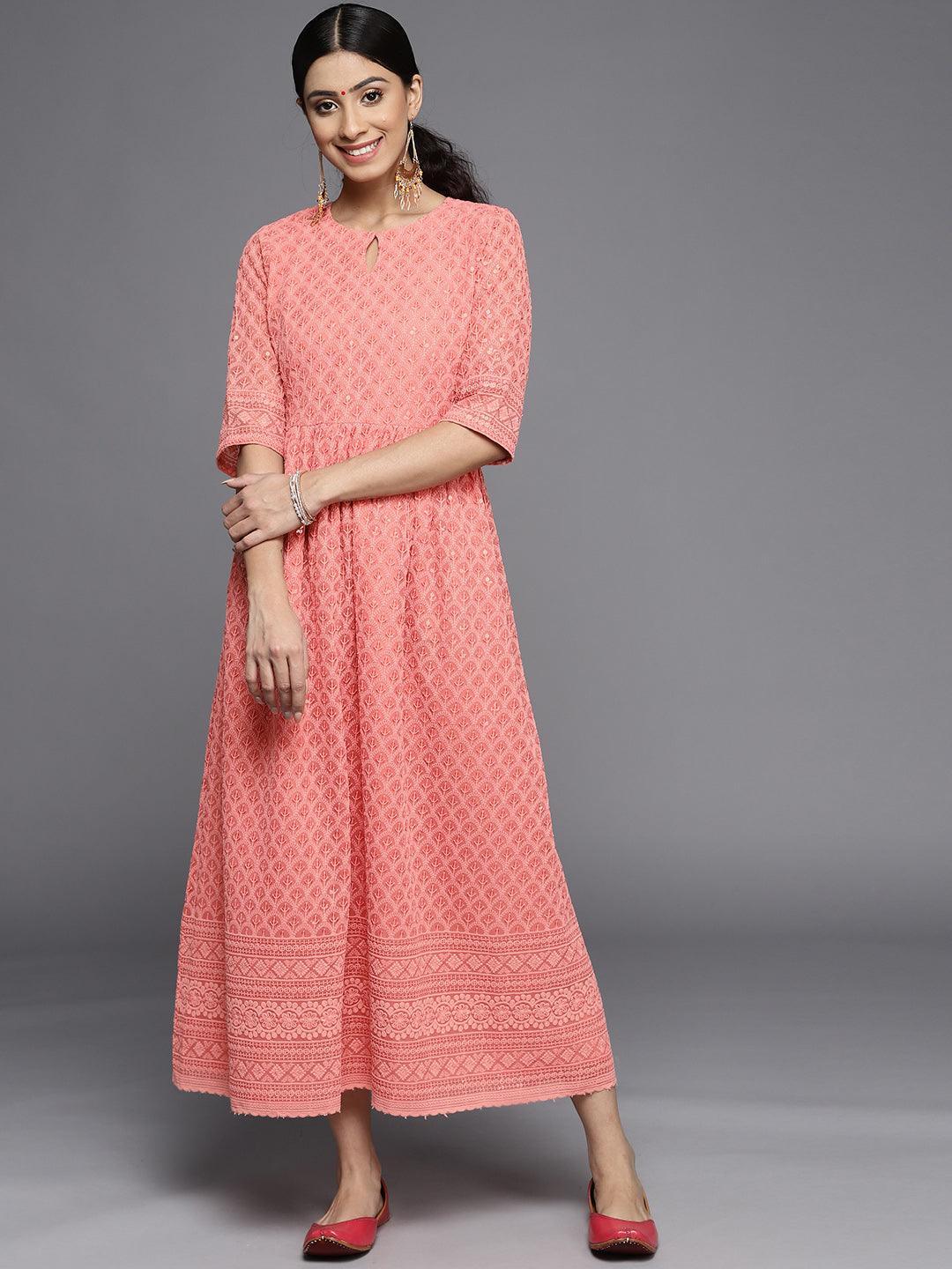 Peach Embroidered Georgette Dress - ShopLibas