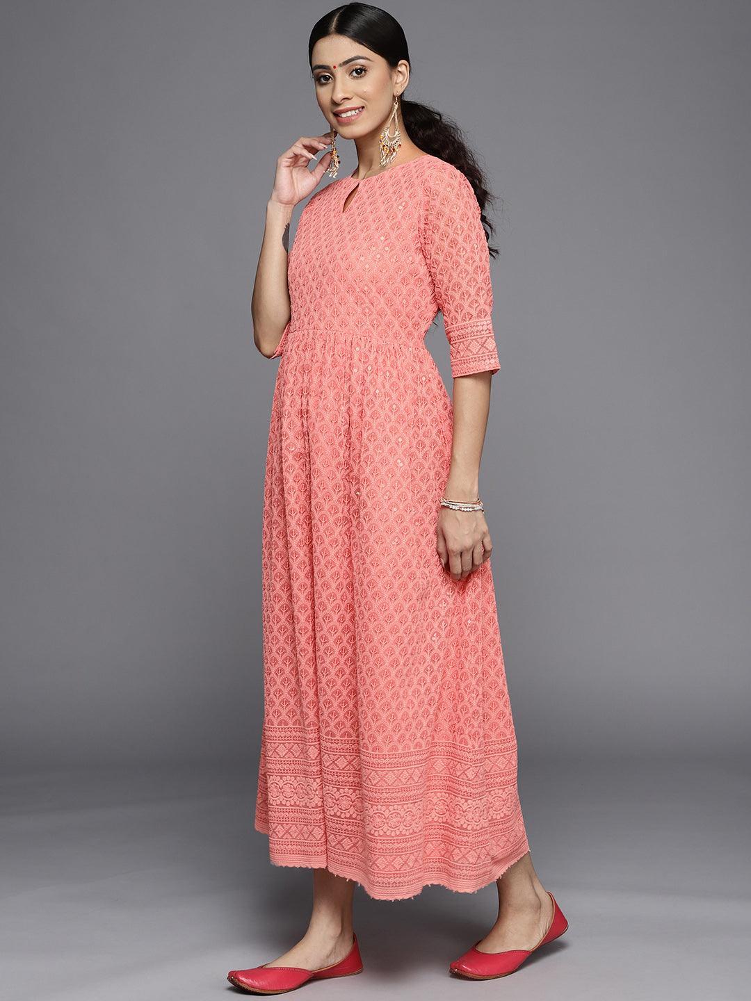 Peach Embroidered Georgette Dress - ShopLibas