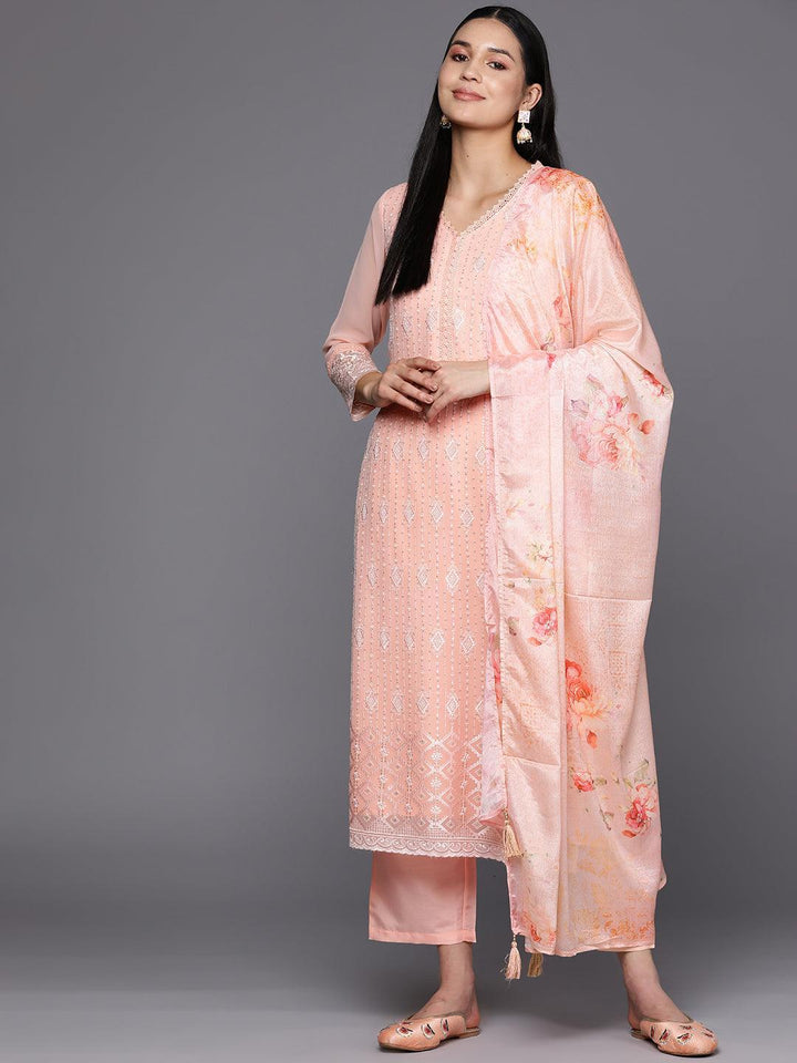 Peach Embroidered Georgette Straight Suit Set With Trousers