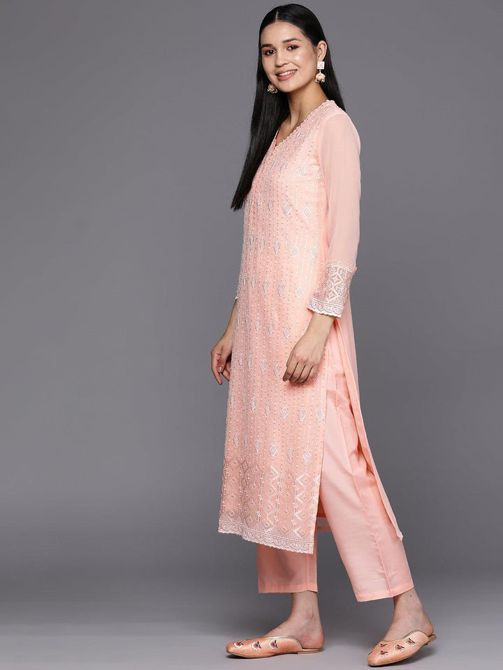 Peach Embroidered Georgette Straight Suit Set With Trousers