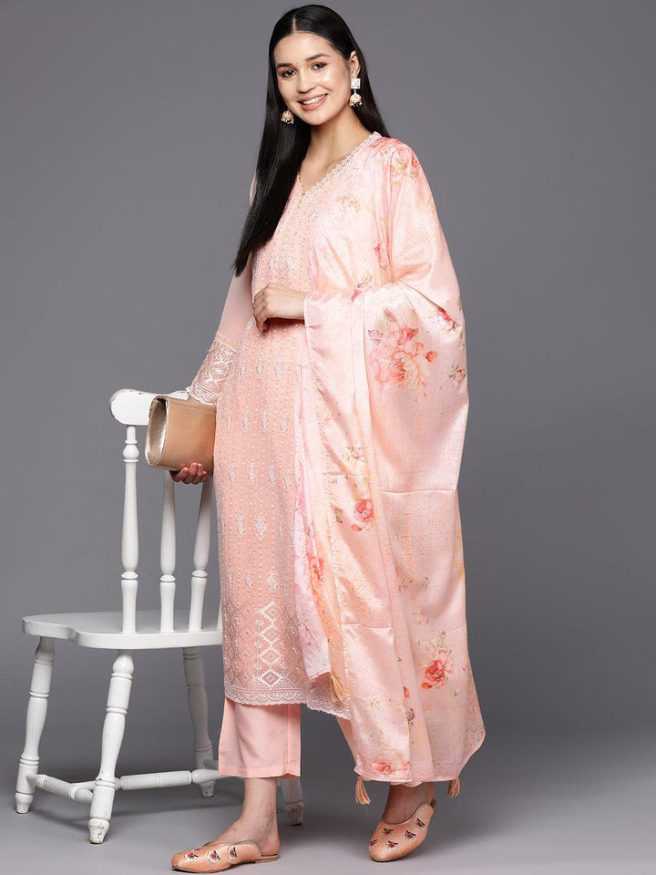 Peach Embroidered Georgette Straight Suit Set With Trousers