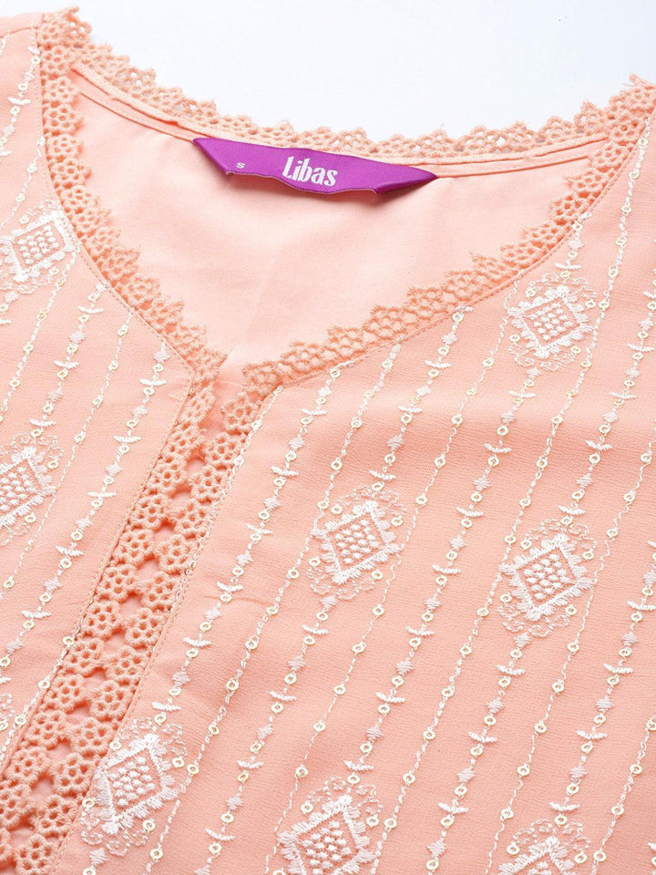 Peach Embroidered Georgette Straight Suit Set With Trousers