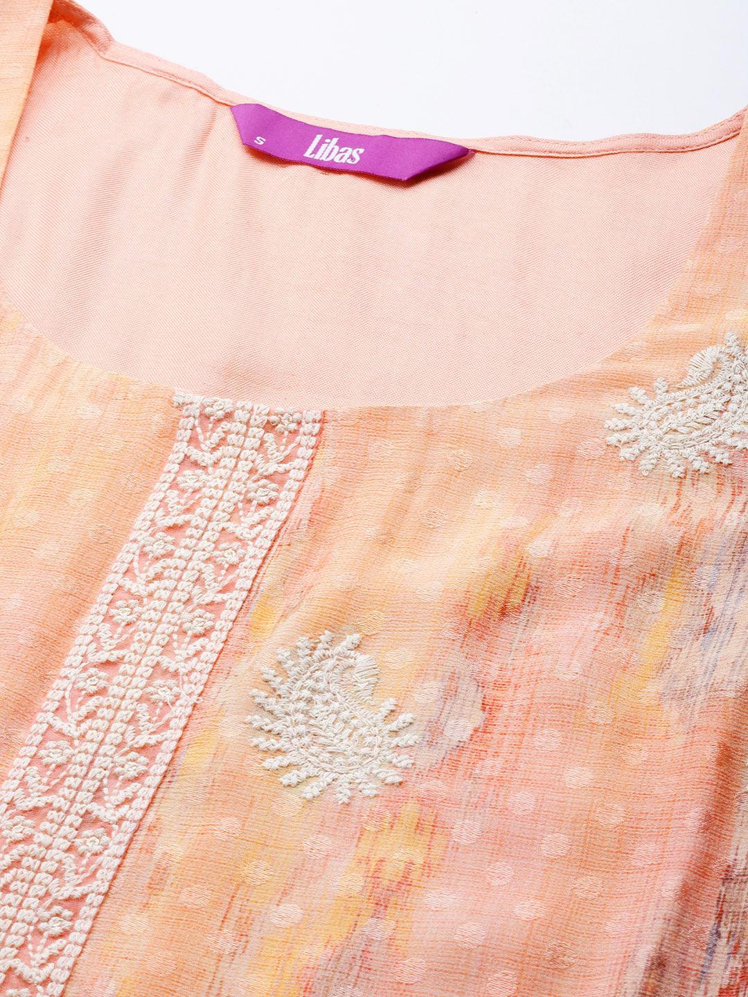 Peach Embroidered Poly Georgette Straight Suit Set - Libas