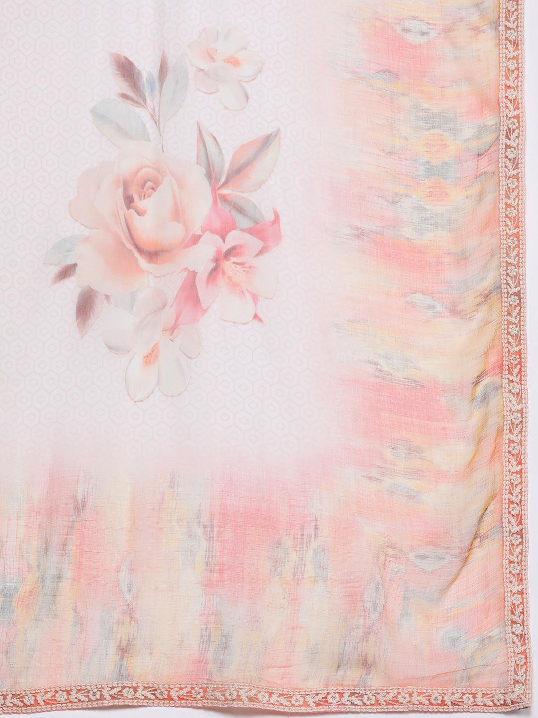 Peach Embroidered Poly Georgette Straight Suit Set - Libas