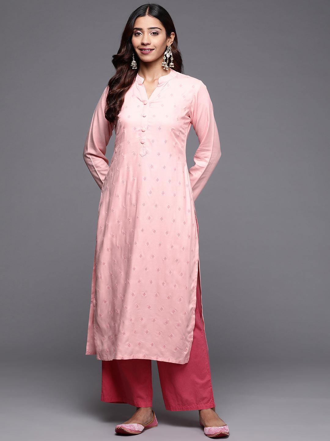 Peach Embroidered Pashmina Wool Straight Kurta - Libas