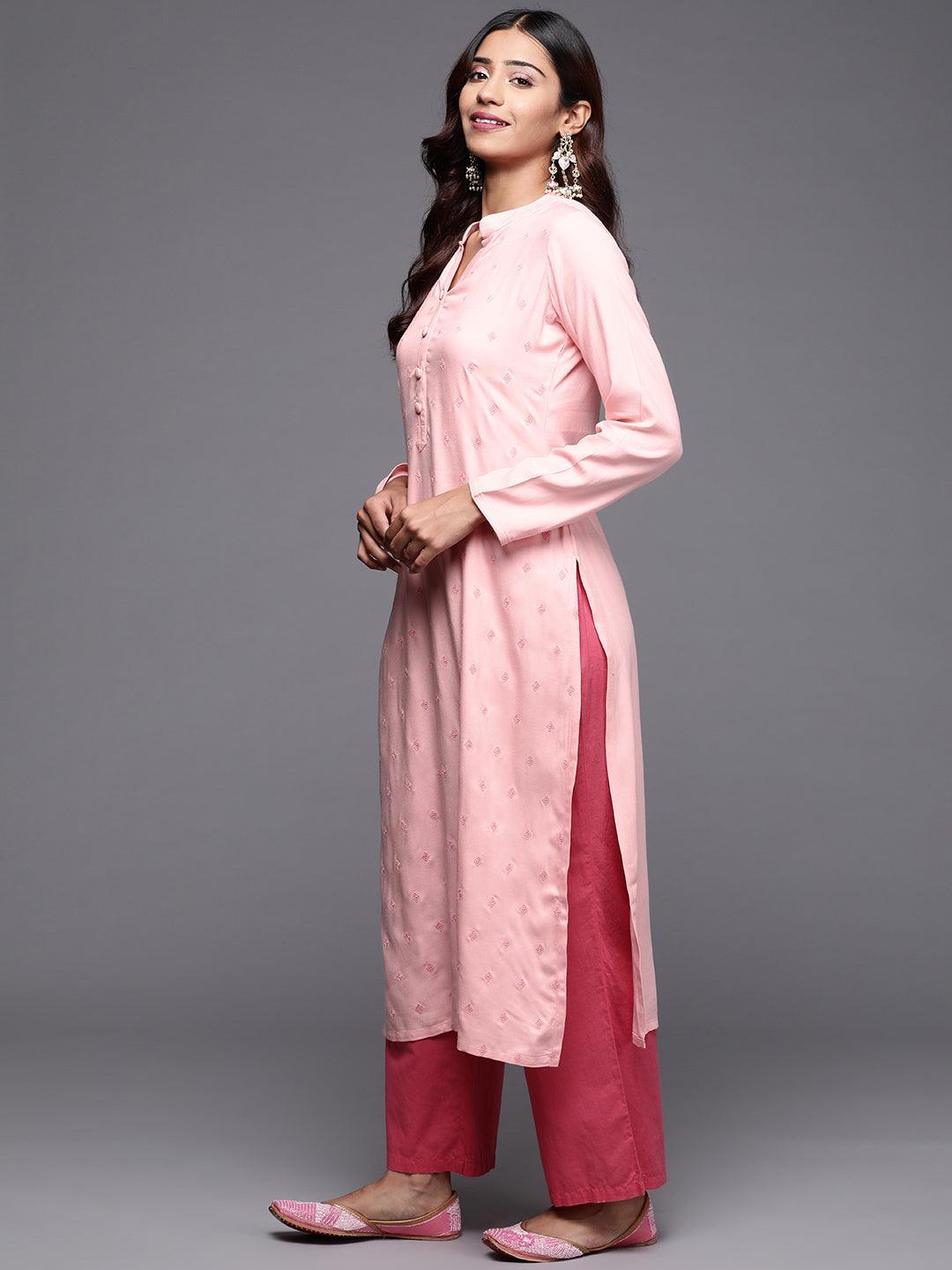 Peach Embroidered Pashmina Wool Straight Kurta - Libas