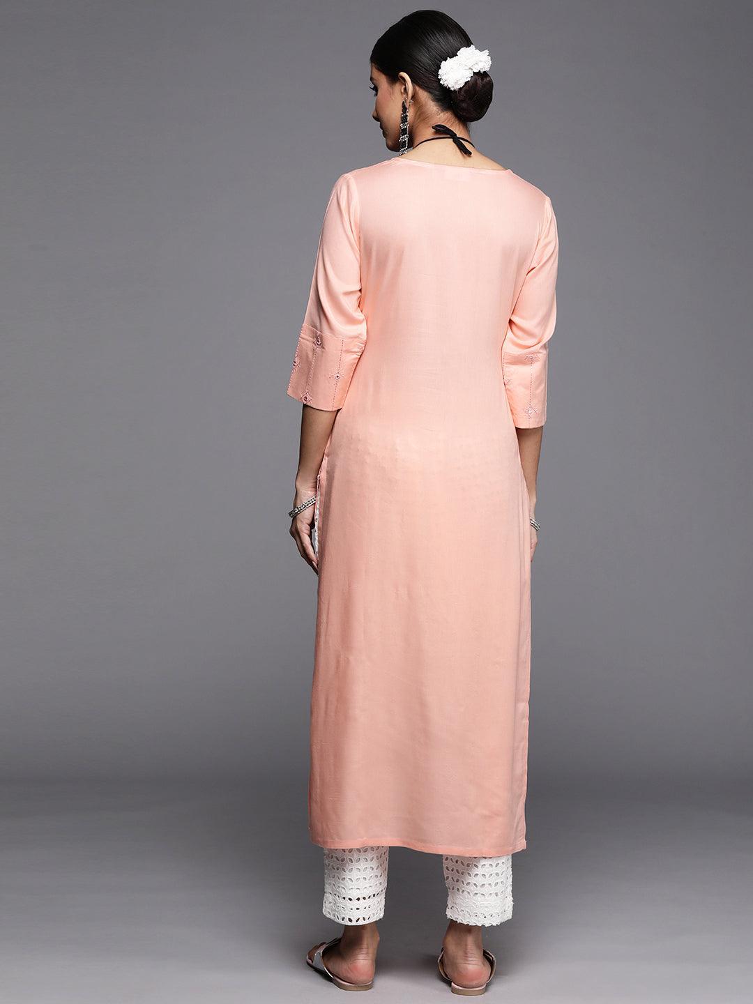 Peach Embroidered Rayon Kurta - ShopLibas