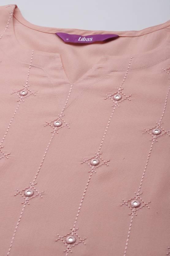Peach Embroidered Rayon Kurta - ShopLibas