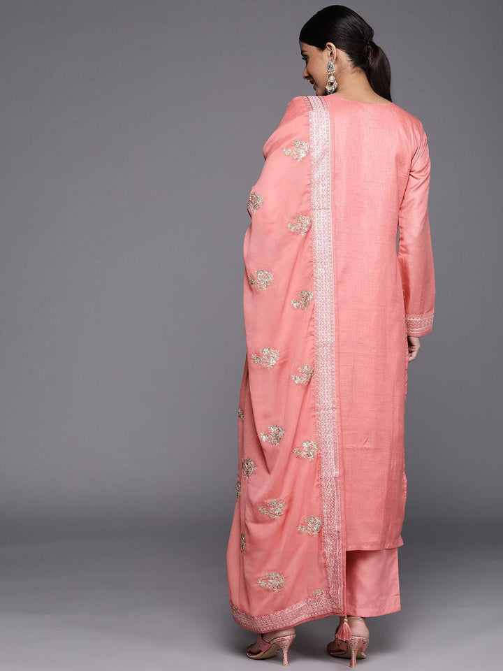 Peach Embroidered Silk Blend Straight Suit Set