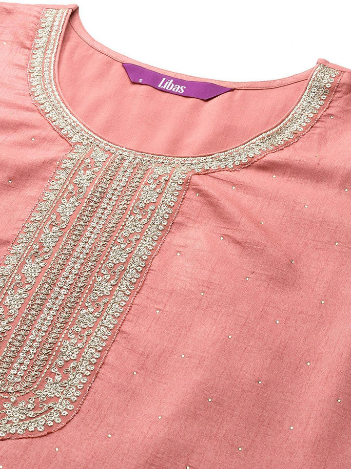 Peach Embroidered Silk Blend Straight Suit Set